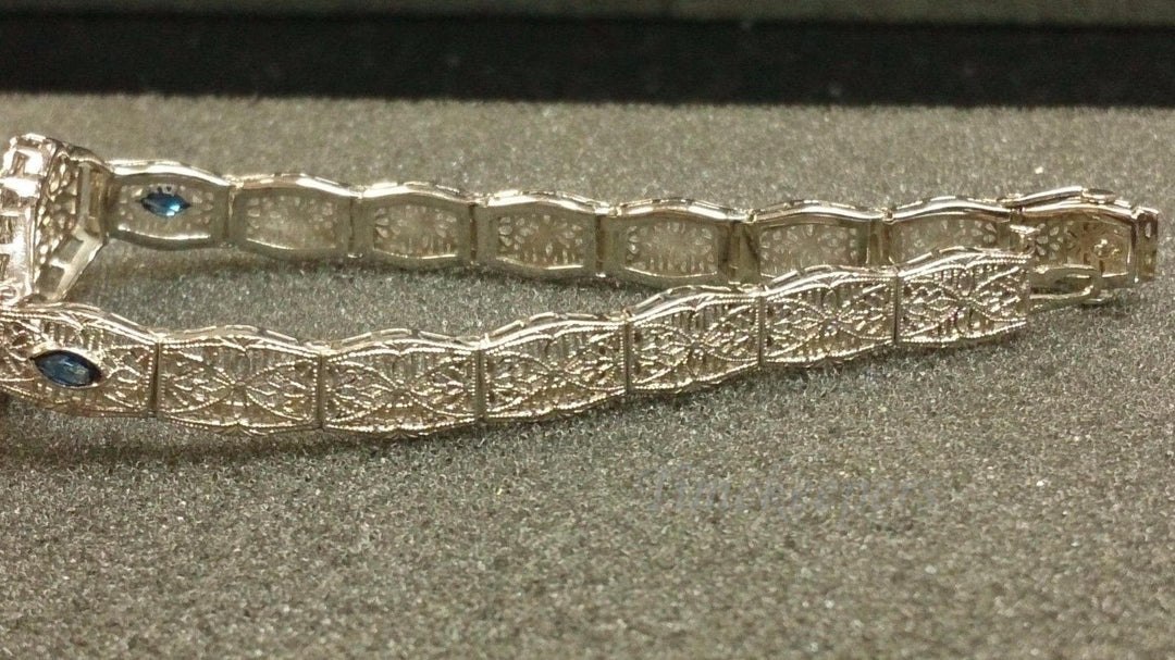a179 Vintage 1920s Filigree Bracelet with Sapphire and Diamond 14K White Gold