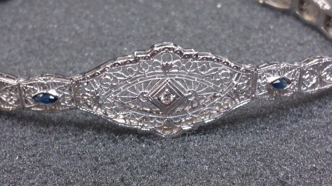 a179 Vintage 1920s Filigree Bracelet with Sapphire and Diamond 14K White Gold
