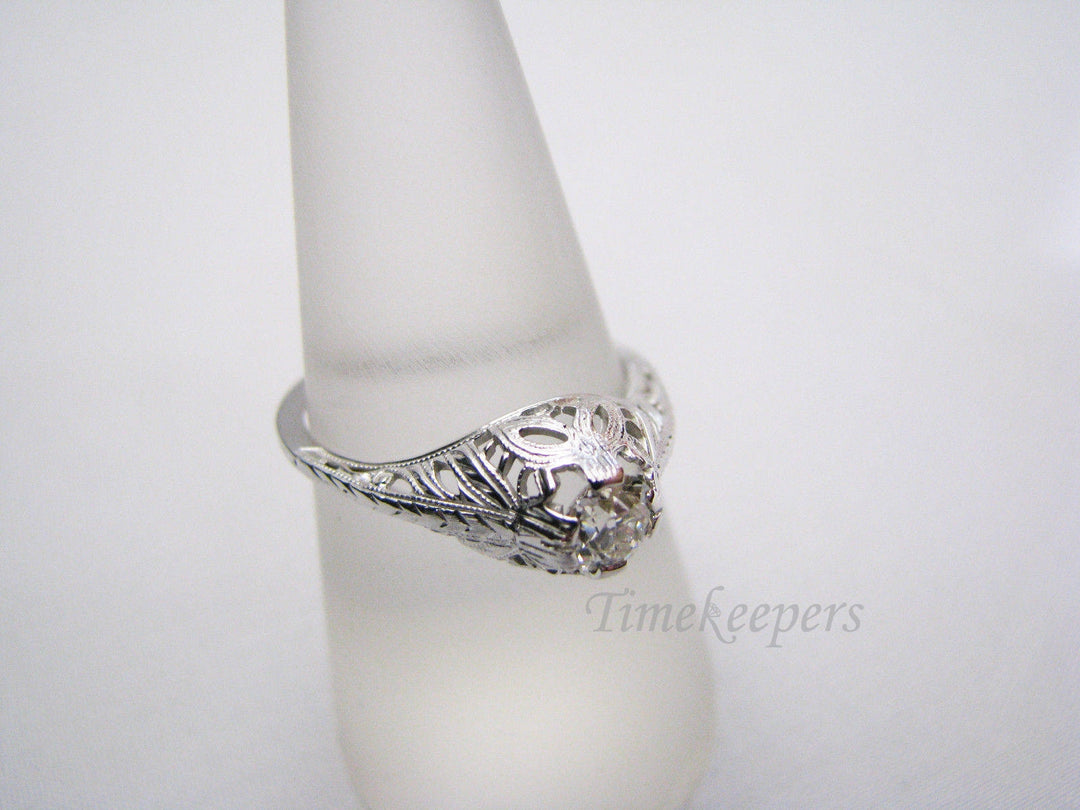 a514 Beautiful Vintage 18k White Gold Ring Diamond Filigree Mounting Sz 7.75