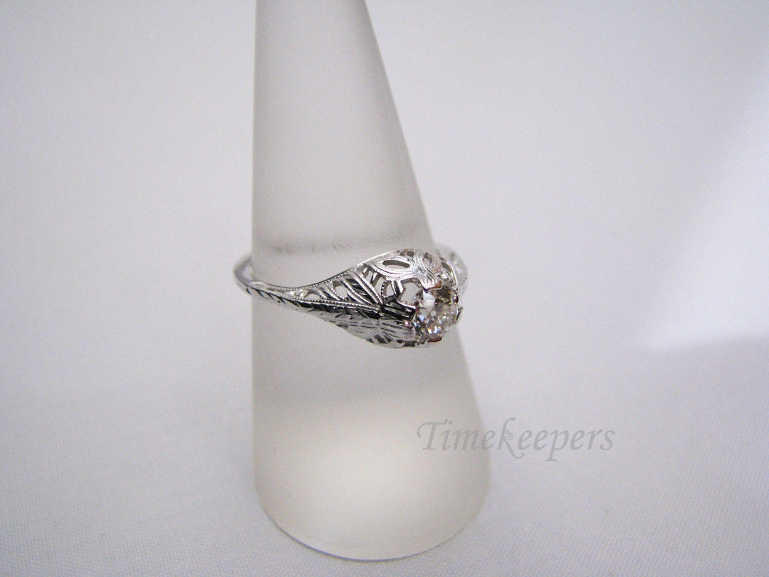 a514 Beautiful Vintage 18k White Gold Ring Diamond Filigree Mounting Sz 7.75