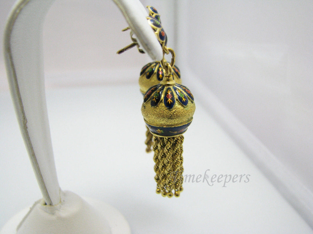 a1026 Beautiful Unusual Domed Dangle Earrings Blue Enamel Enamel Flowers 14k