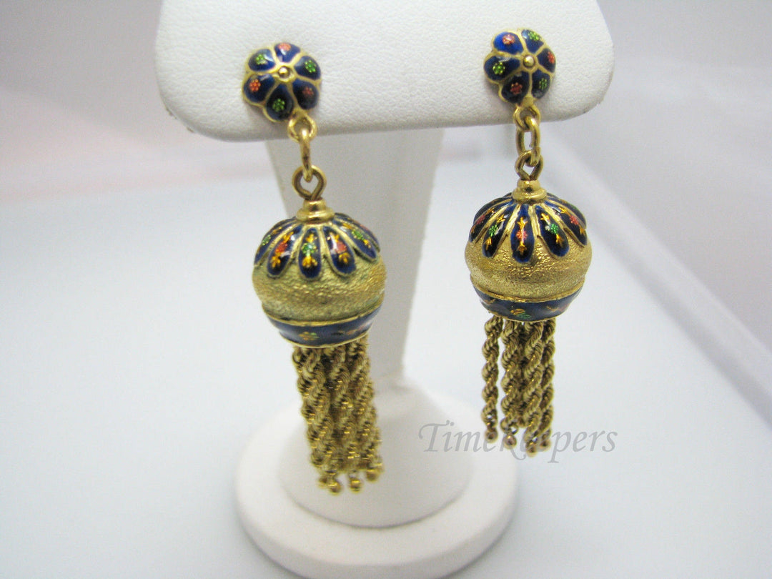 a1026 Beautiful Unusual Domed Dangle Earrings Blue Enamel Enamel Flowers 14k