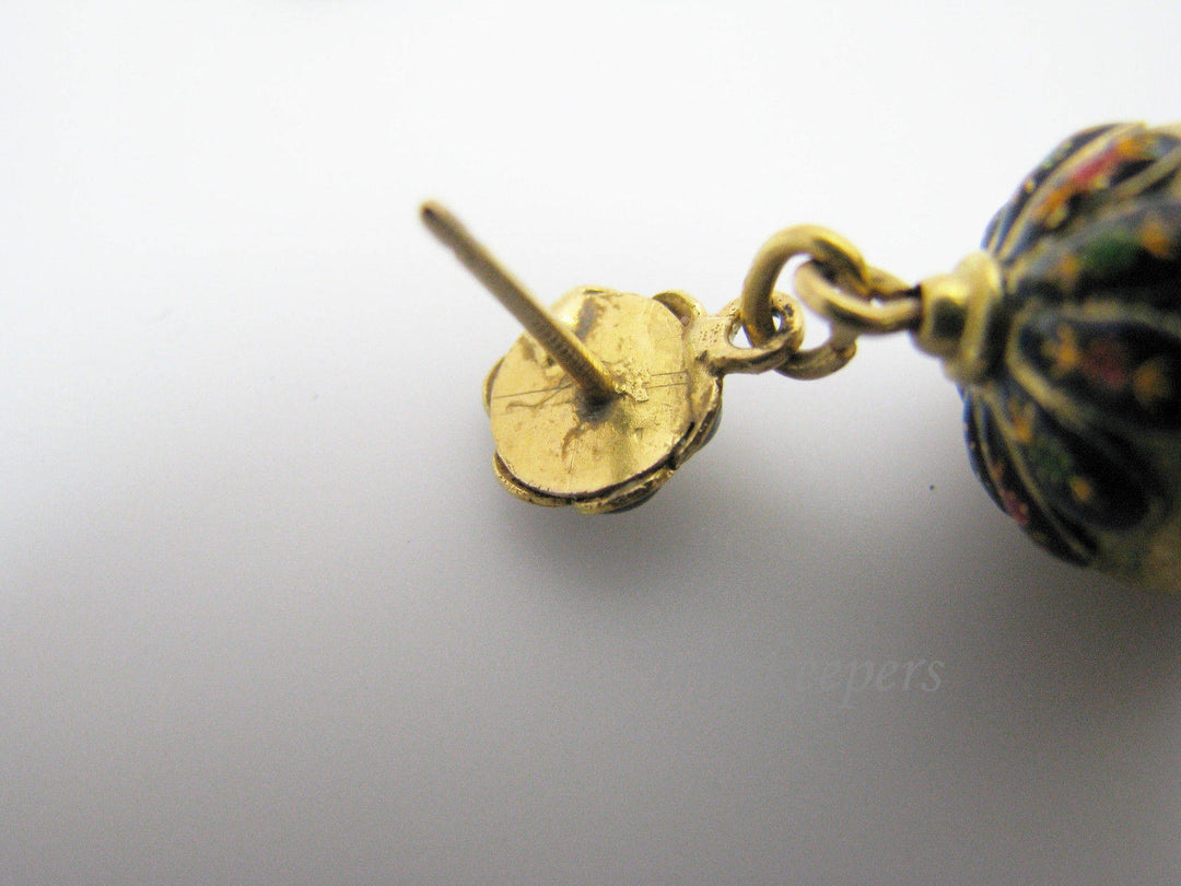 a1026 Beautiful Unusual Domed Dangle Earrings Blue Enamel Enamel Flowers 14k