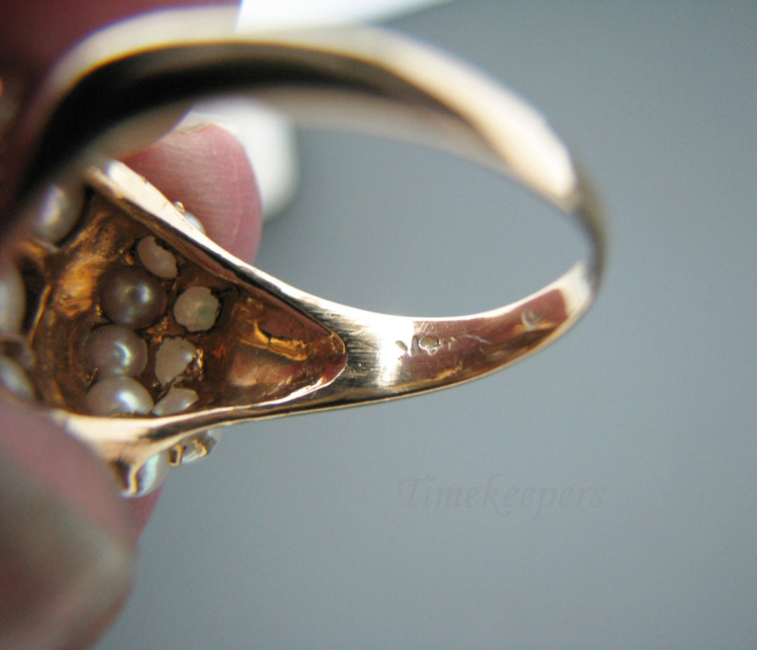 c505 Stunning Vintage Pearl and Green Agate Cluster Ring in 14k Yellow Gold