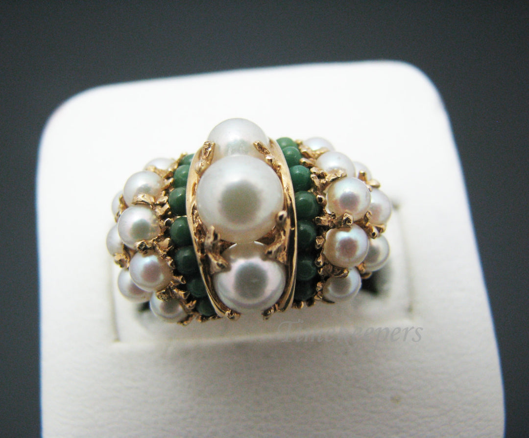 c505 Stunning Vintage Pearl and Green Agate Cluster Ring in 14k Yellow Gold