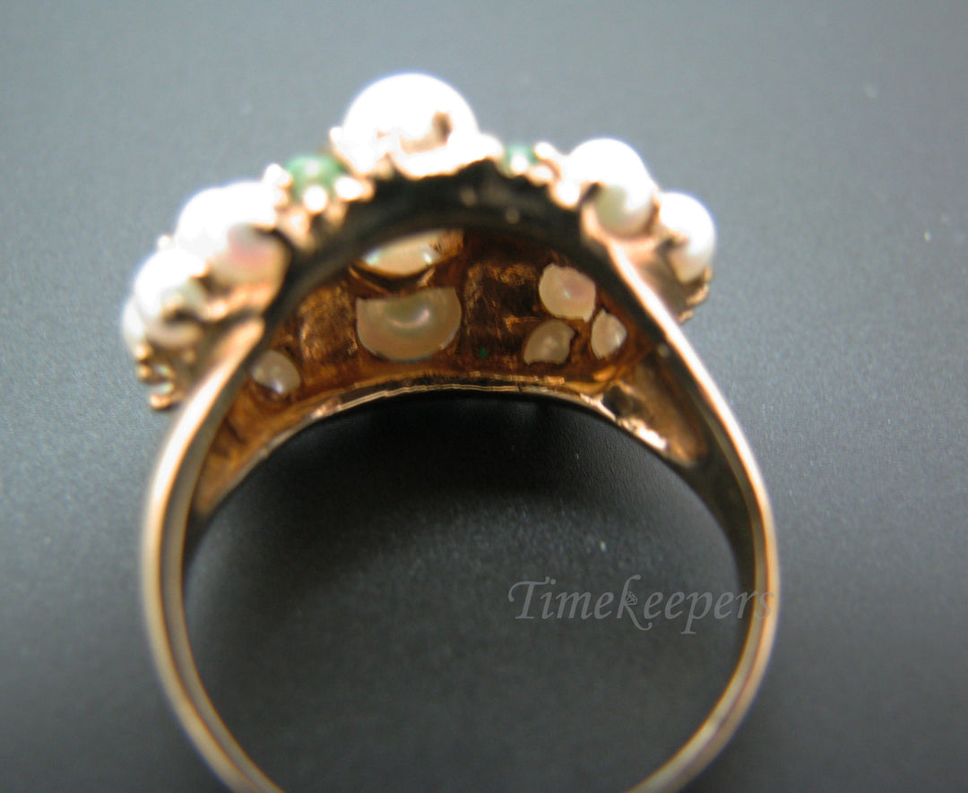 c505 Stunning Vintage Pearl and Green Agate Cluster Ring in 14k Yellow Gold