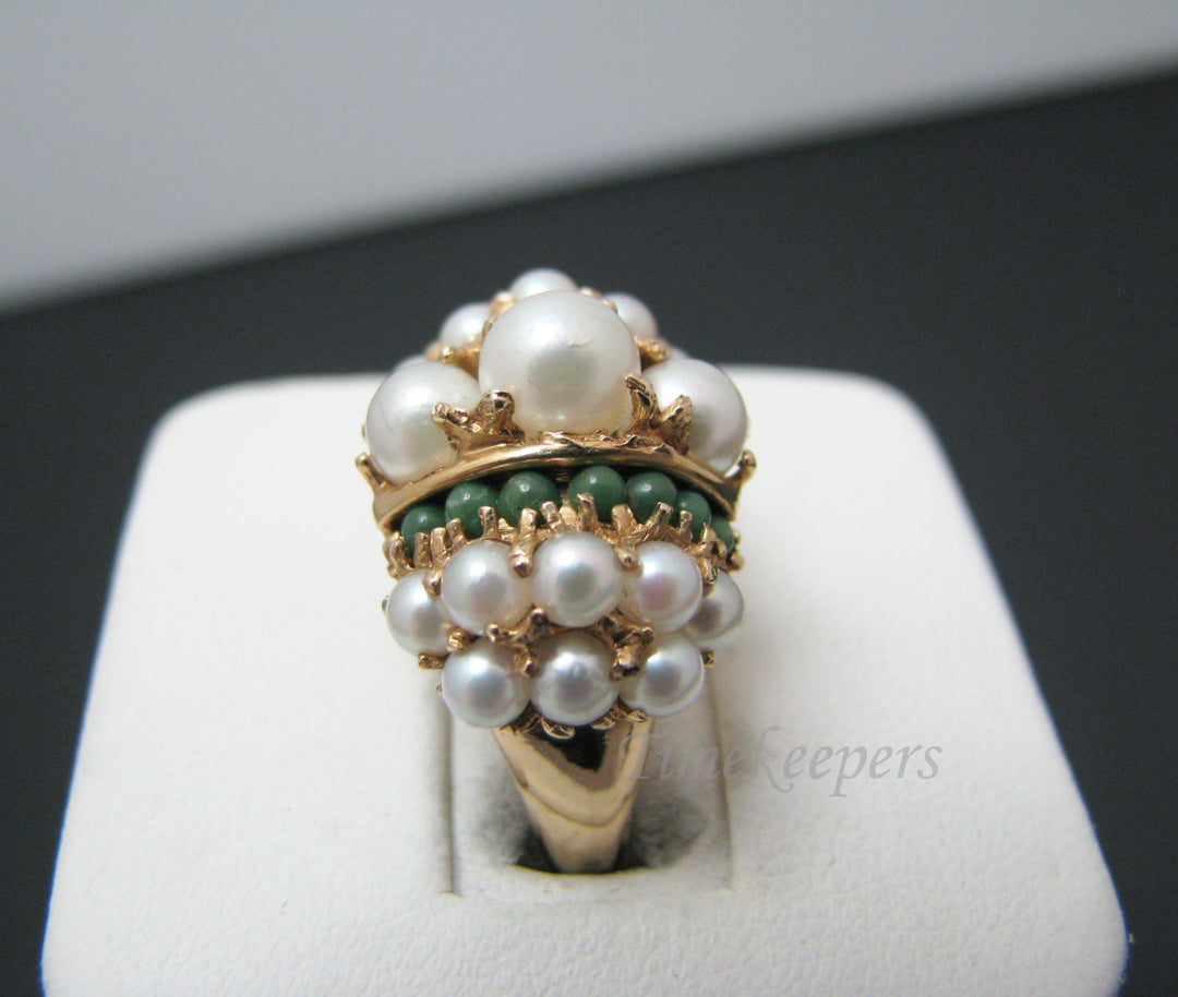 c505 Stunning Vintage Pearl and Green Agate Cluster Ring in 14k Yellow Gold