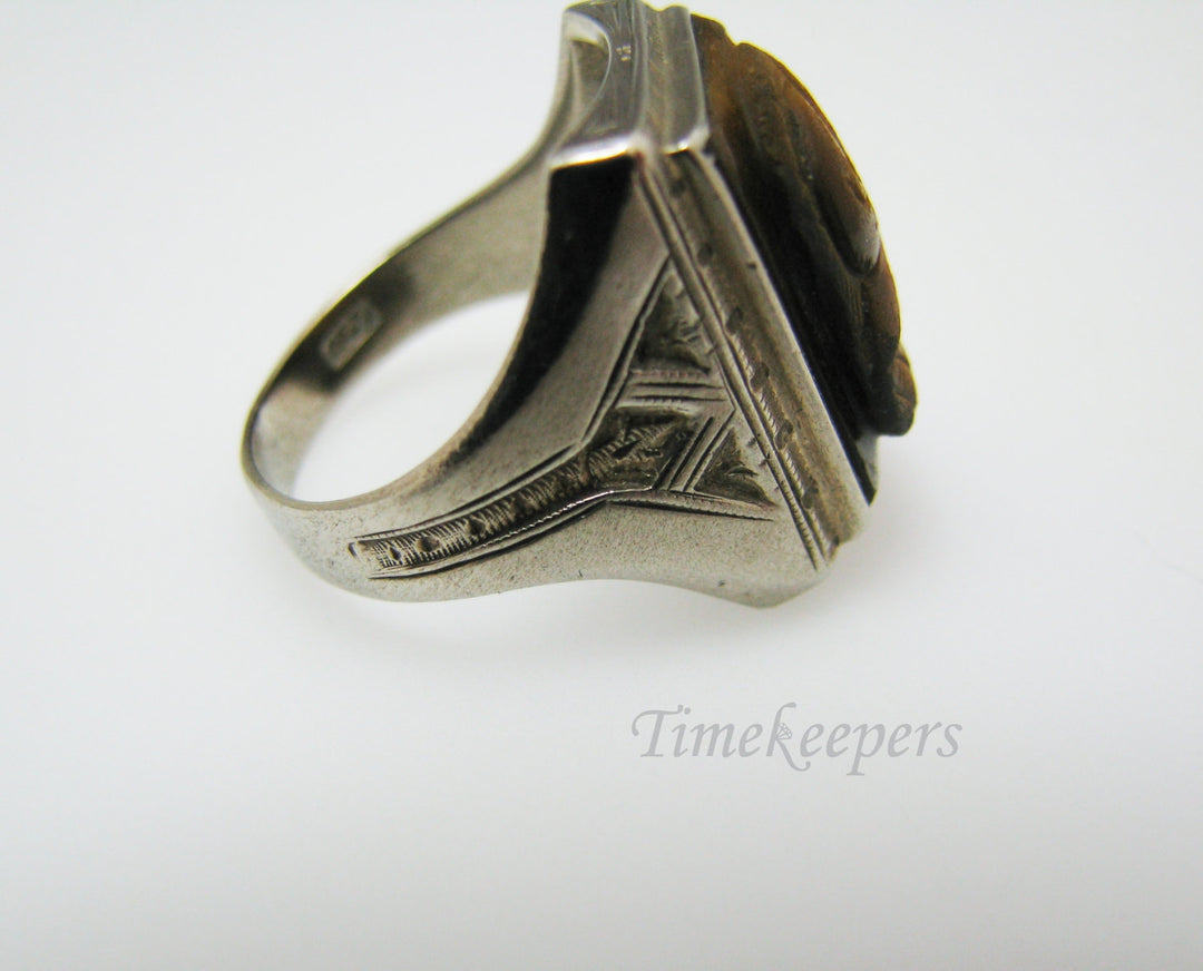 c378 Vintage Men's Carved Tiger Eye 10k White Gold Ring