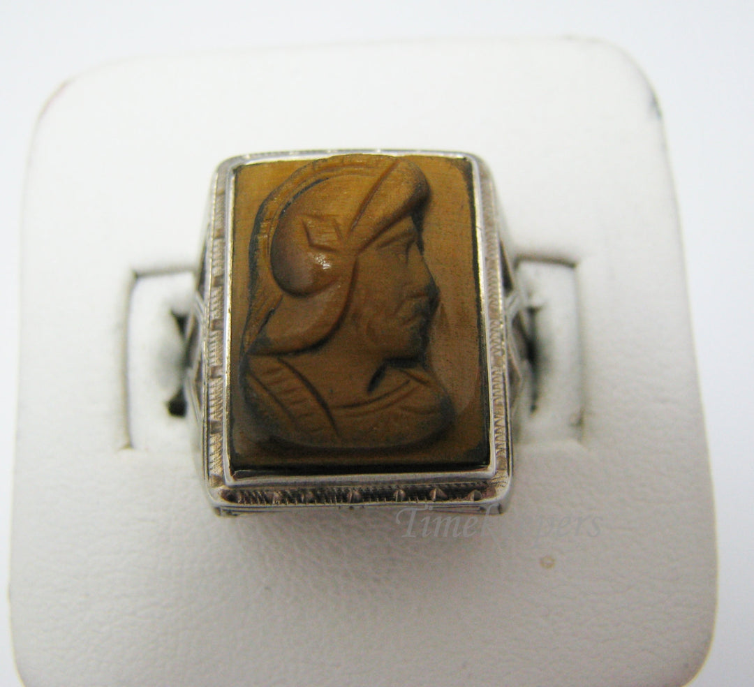 c378 Vintage Men's Carved Tiger Eye 10k White Gold Ring
