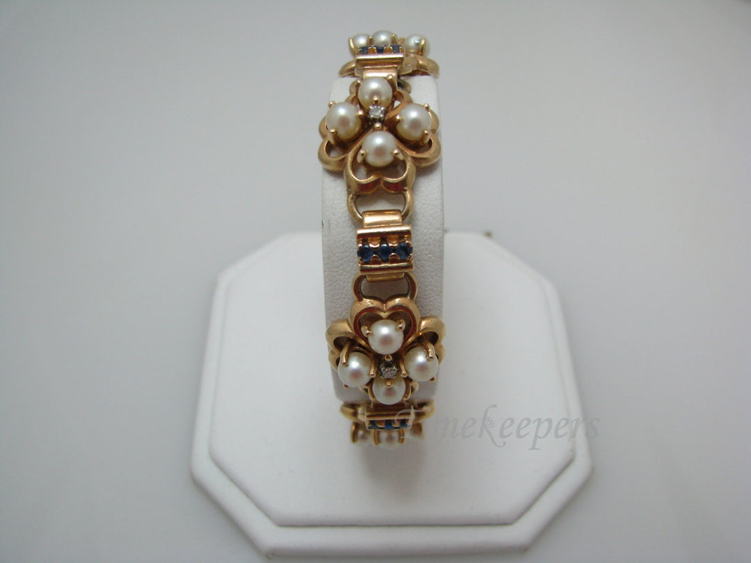 a560 Vintage Beautiful 14k Yellow Gold Pearl Flower Diamond Sapphire Bracelet