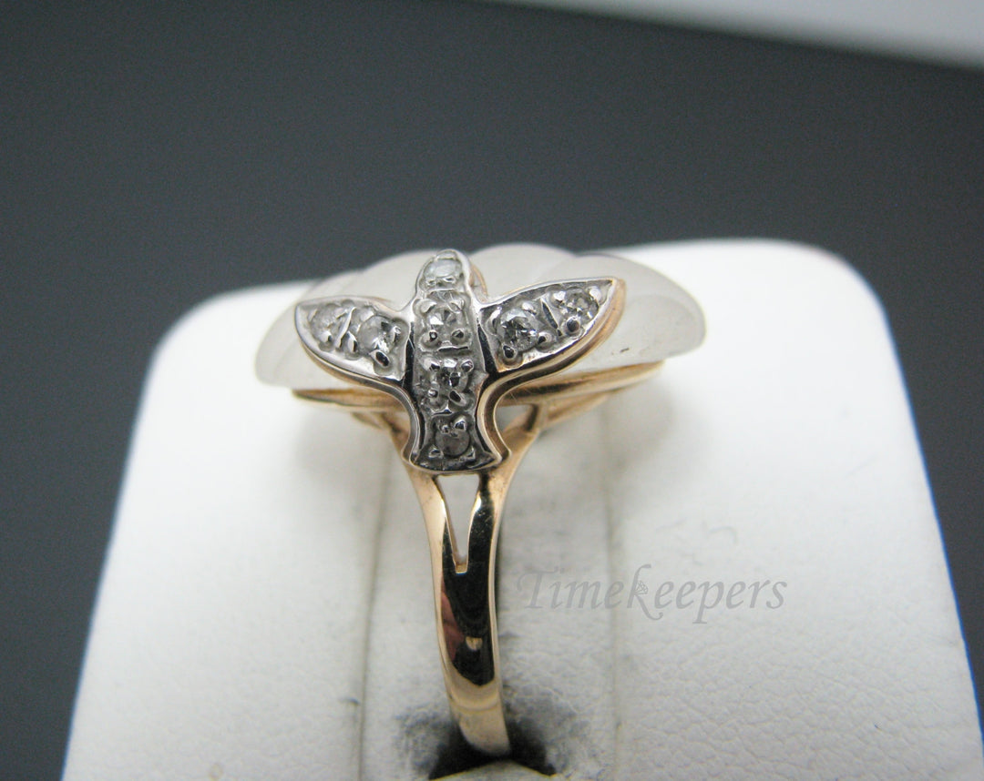 c053 Unique Vintage Cut, Frosted Glass Ring with Diamonds in 14k Yellow Gold