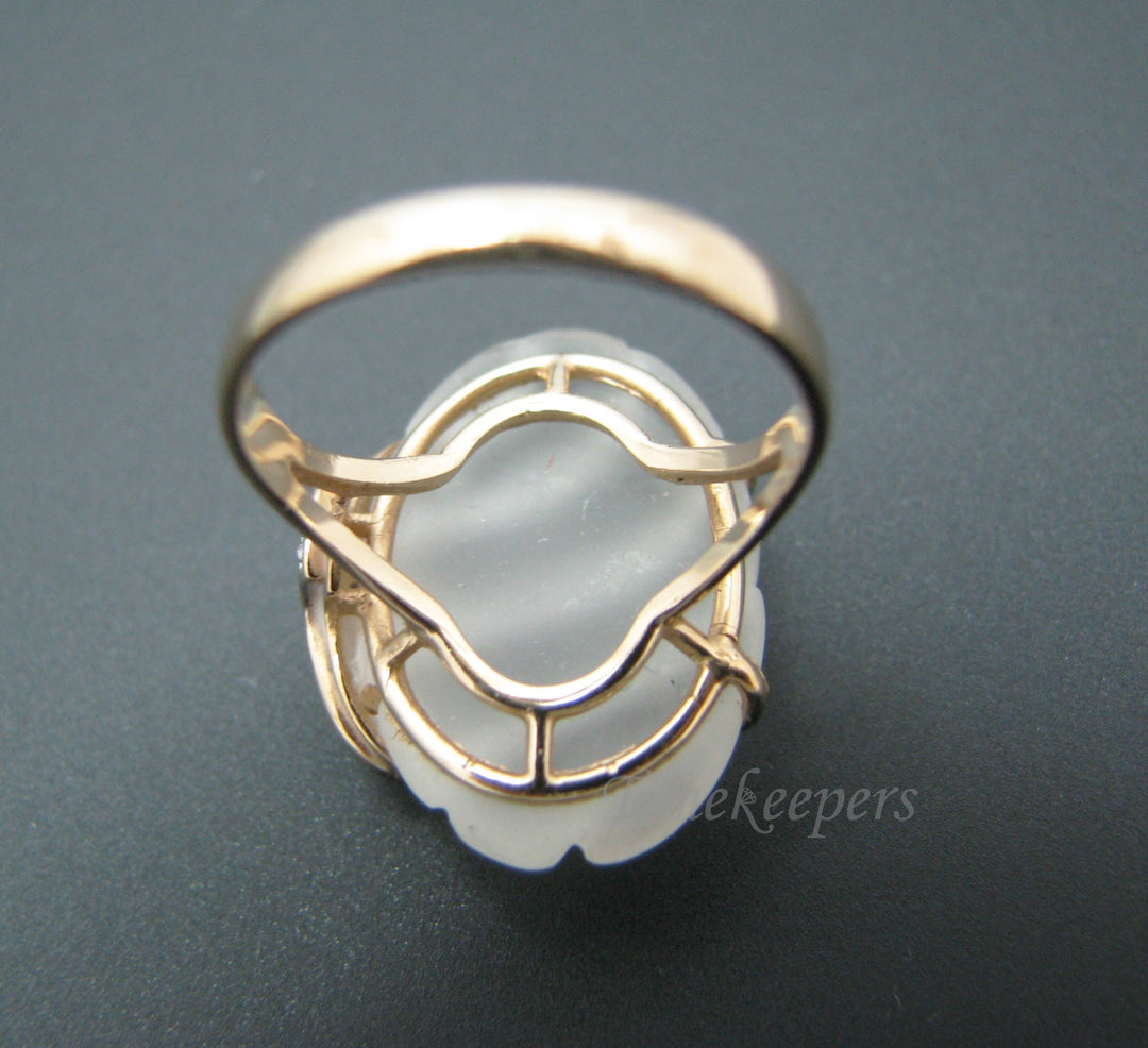c053 Unique Vintage Cut, Frosted Glass Ring with Diamonds in 14k Yellow Gold