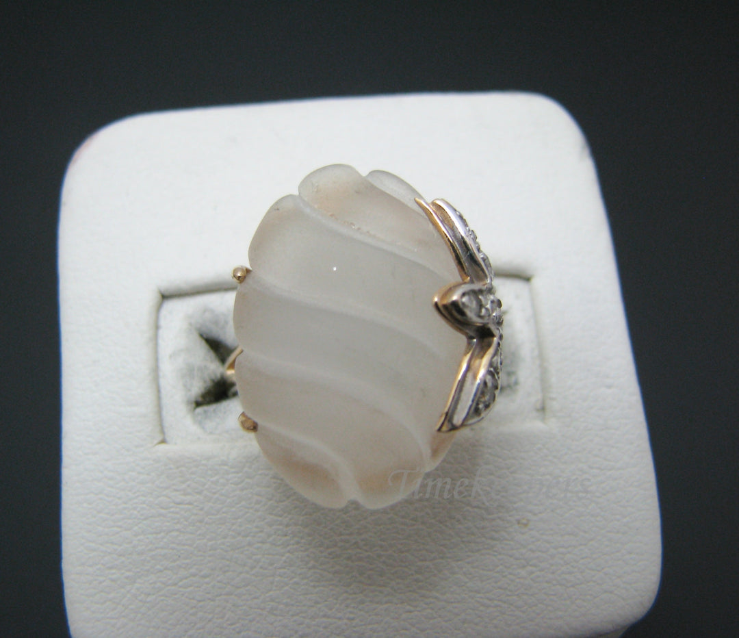 c053 Unique Vintage Cut, Frosted Glass Ring with Diamonds in 14k Yellow Gold