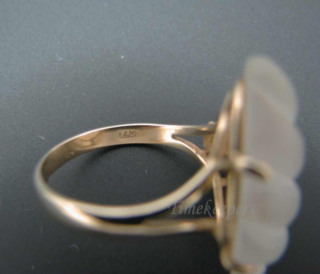 c053 Unique Vintage Cut, Frosted Glass Ring with Diamonds in 14k Yellow Gold