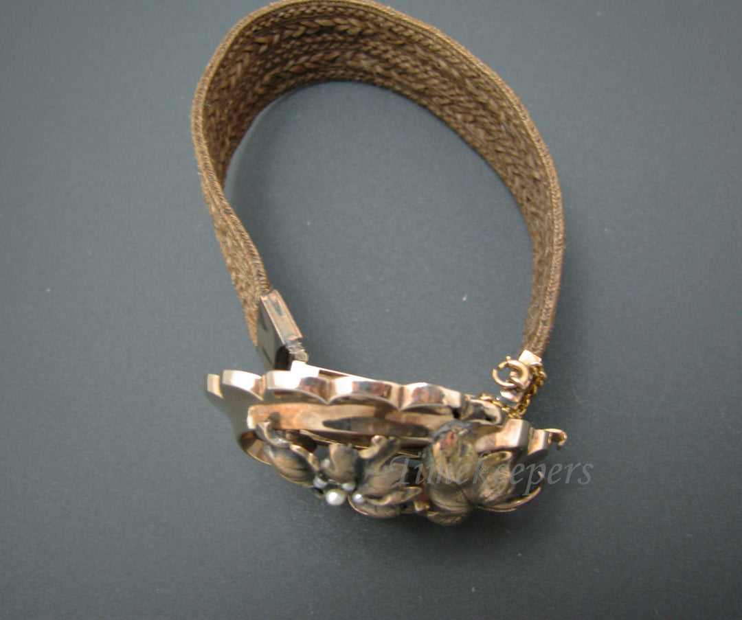 c096 Vintage 10kt Yellow Gold Woven Hair Mourning Bracelet with 10kt Yellow Gold Flower Center