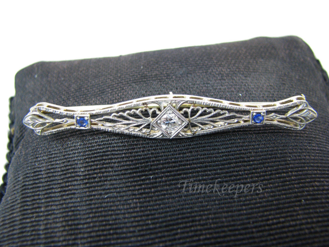 a367 Vintage Elegant 14k White Gold Bar Brooch with Diamond and Blue Stones