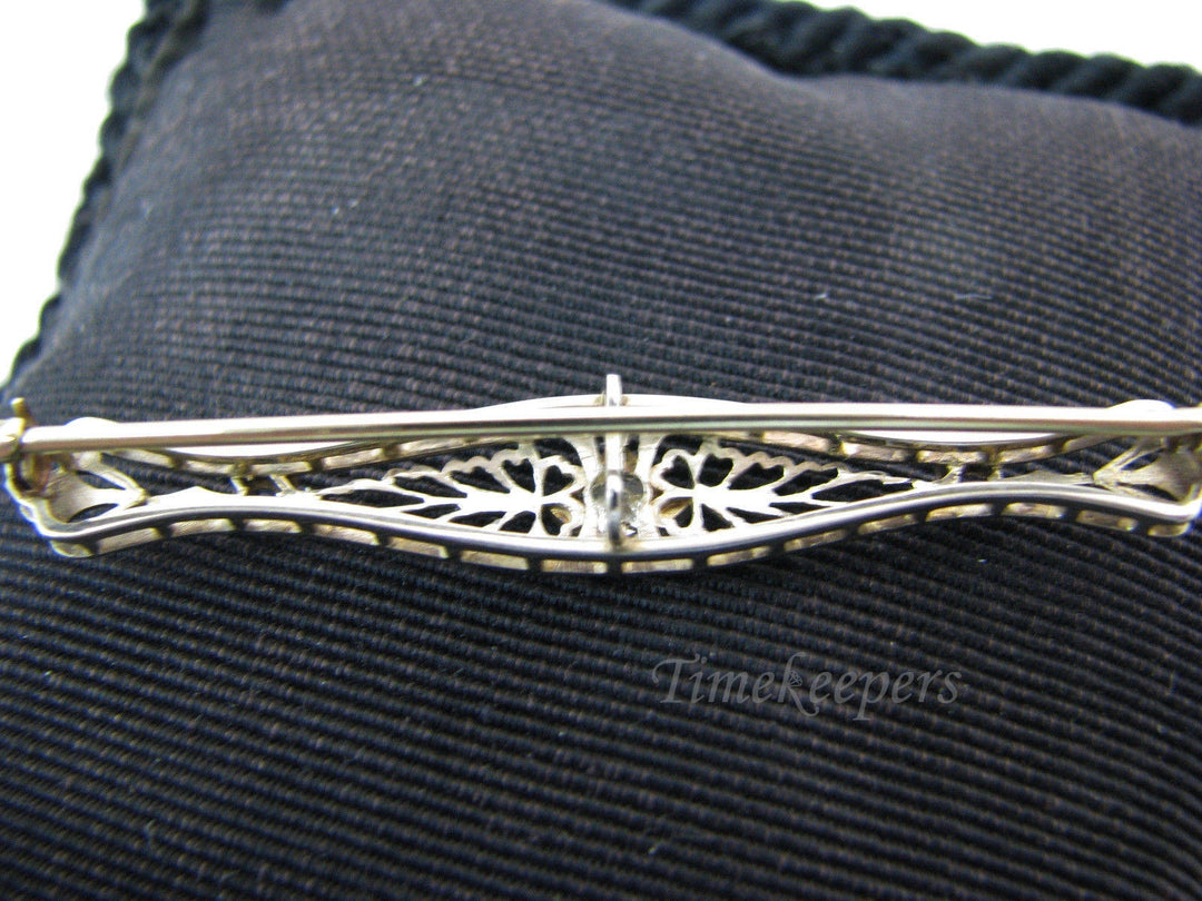 a367 Vintage Elegant 14k White Gold Bar Brooch with Diamond and Blue Stones