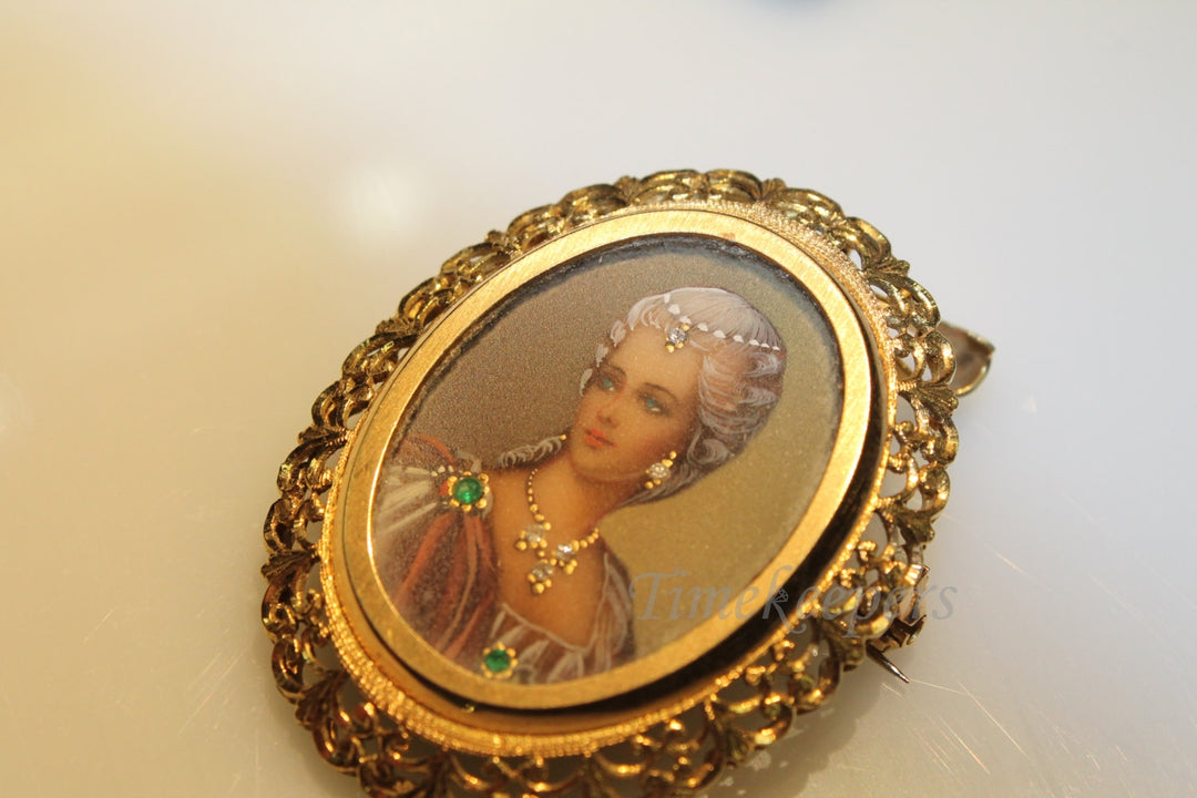 a696 Beautiful Hand Painted Portrait 14k Yellow Gold Brooch/ Necklace Diamonds