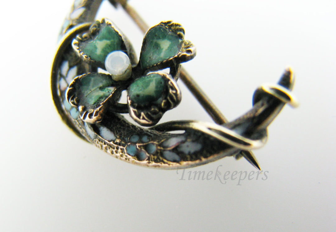 a642 Vintage Gold Filled Brooch Pin with Moon and Four Leaf Clover