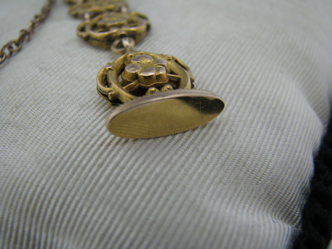 c061 Vintage Fob with (3) Flower Links Pocket Watch Chain Waist Clip & Signet