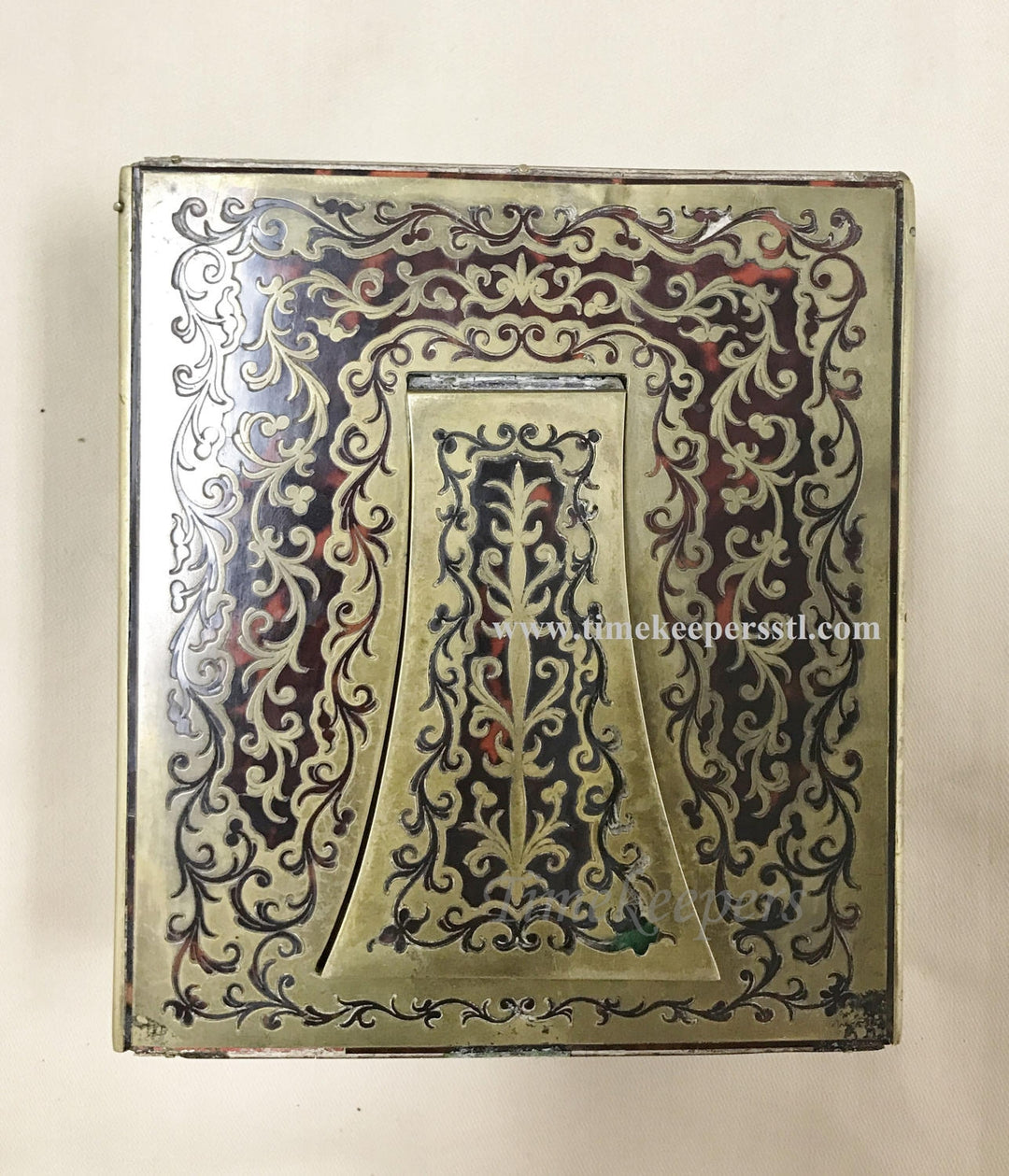 a453 Antique Stationery Set Boulle Marquetry Work Table Box Clock J.C.Vickery