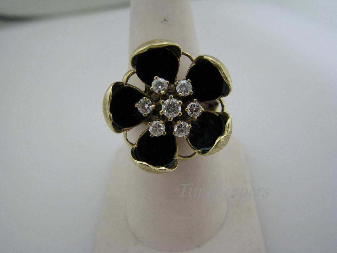 a966 Unique 14k Yellow Gold Flower Ring with Black Enamel and (7) Diamonds