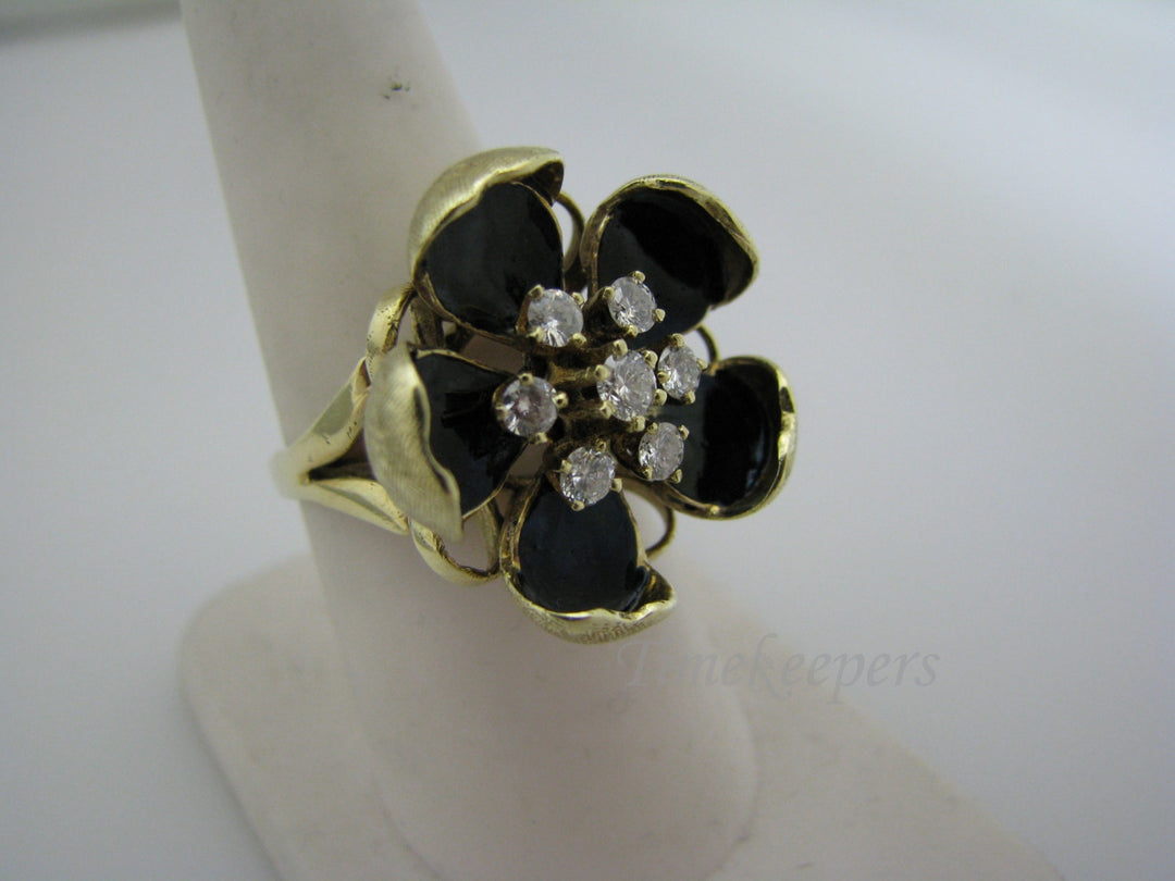 a966 Unique 14k Yellow Gold Flower Ring with Black Enamel and (7) Diamonds