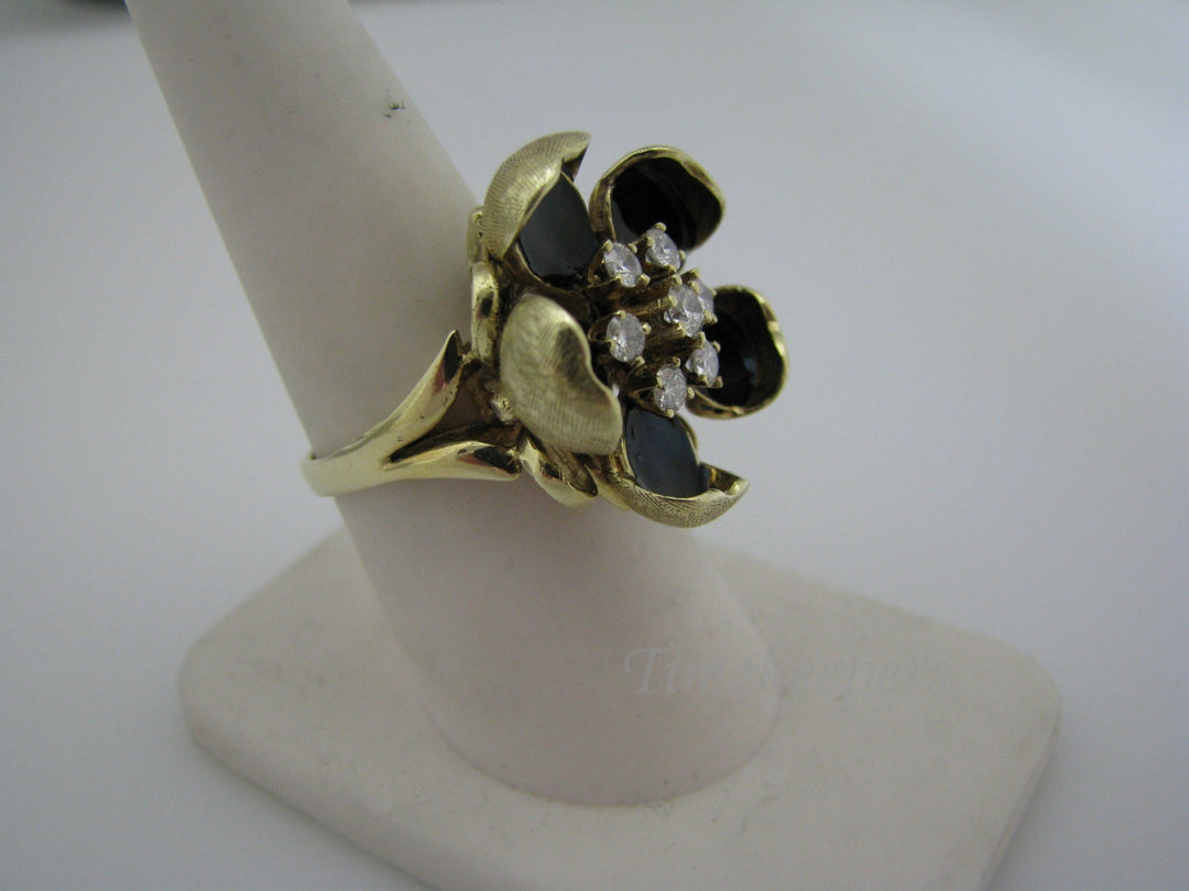 a966 Unique 14k Yellow Gold Flower Ring with Black Enamel and (7) Diamonds