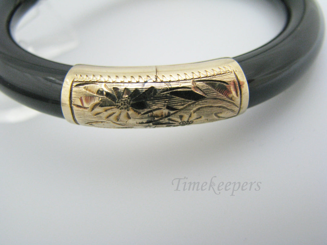 a712 Gorgeous Black Onyx Hinged Bangle with Etched 14k Yellow Gold Accents