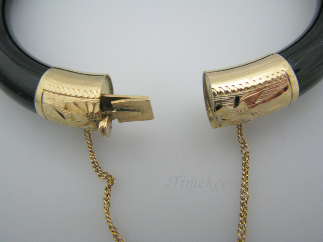 a712 Gorgeous Black Onyx Hinged Bangle with Etched 14k Yellow Gold Accents