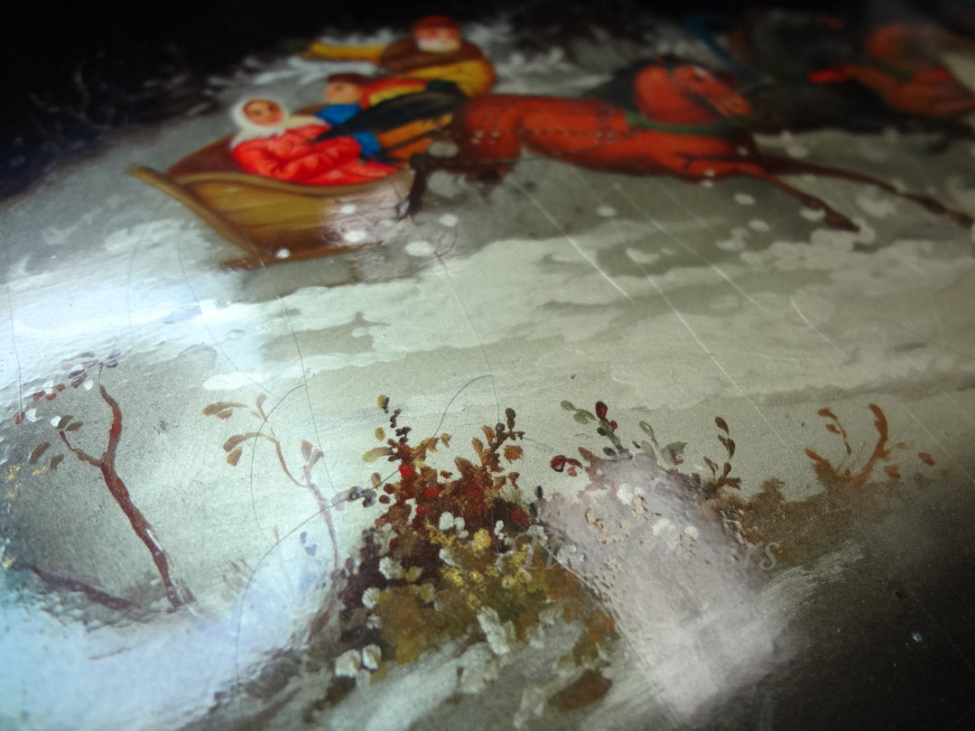 c526 Russian Painted Lacquer Box Featuring a Winter Scene From The Twelve Months