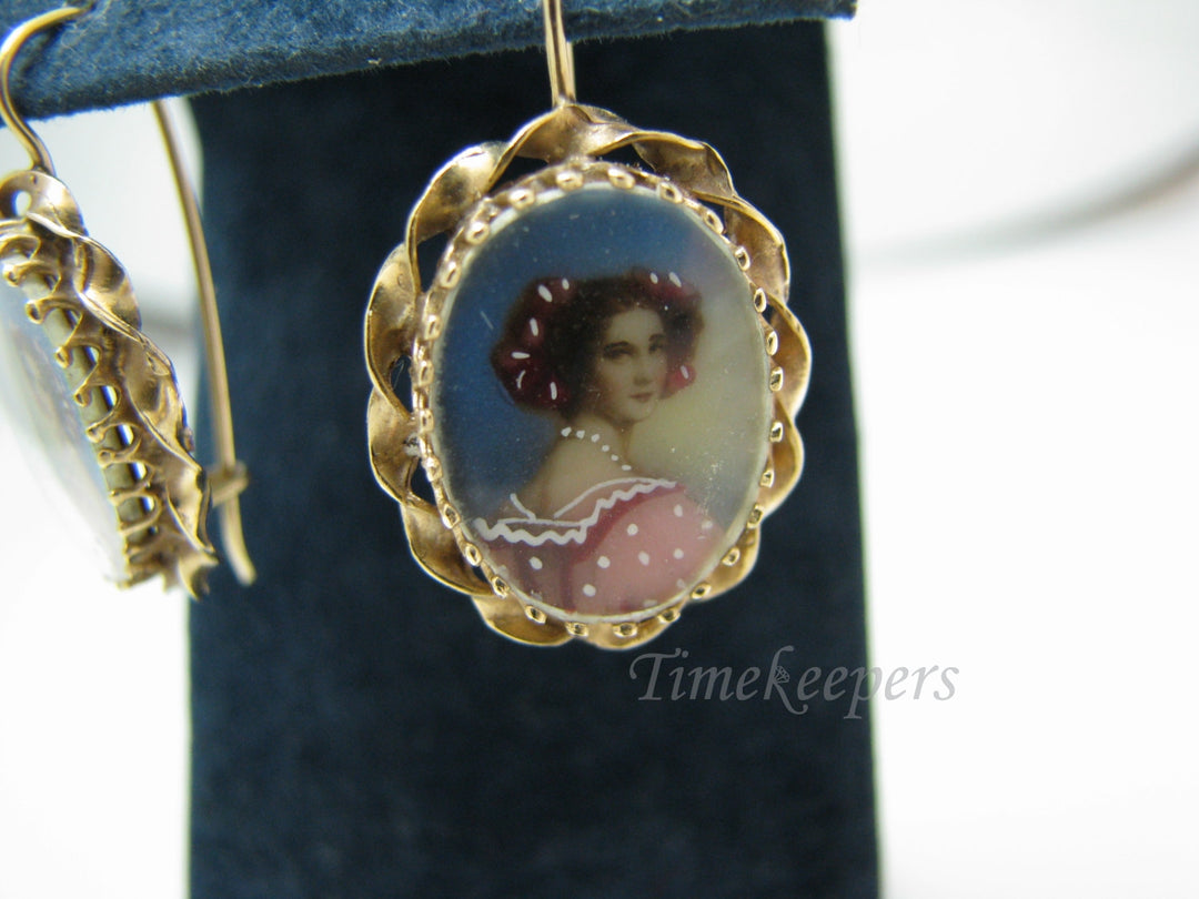 b018 Vintage Enameled Porcelain Miniature Portrait Pierced Earrings in 14k Gold