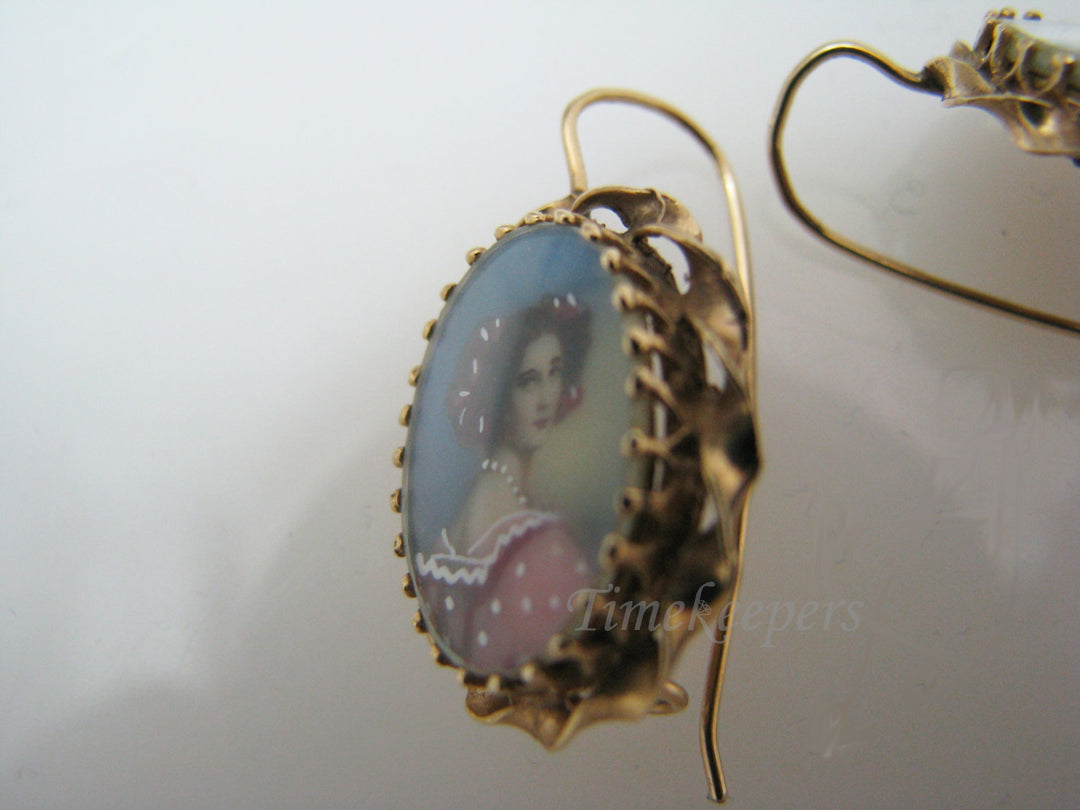 b018 Vintage Enameled Porcelain Miniature Portrait Pierced Earrings in 14k Gold