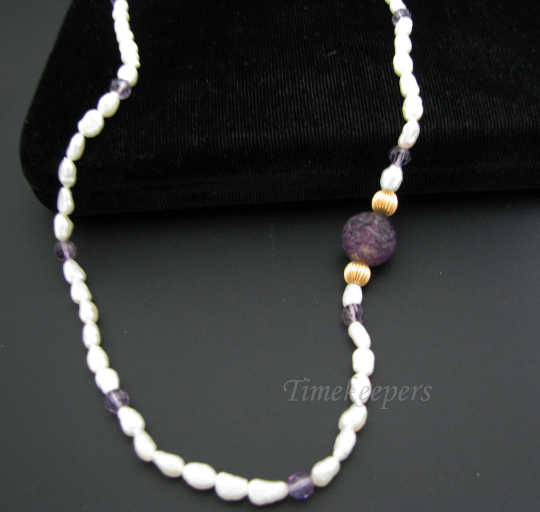 c536 Pretty Freshwater Pearl Necklace with Purple Crystals &amp; 14k Gold Clasp