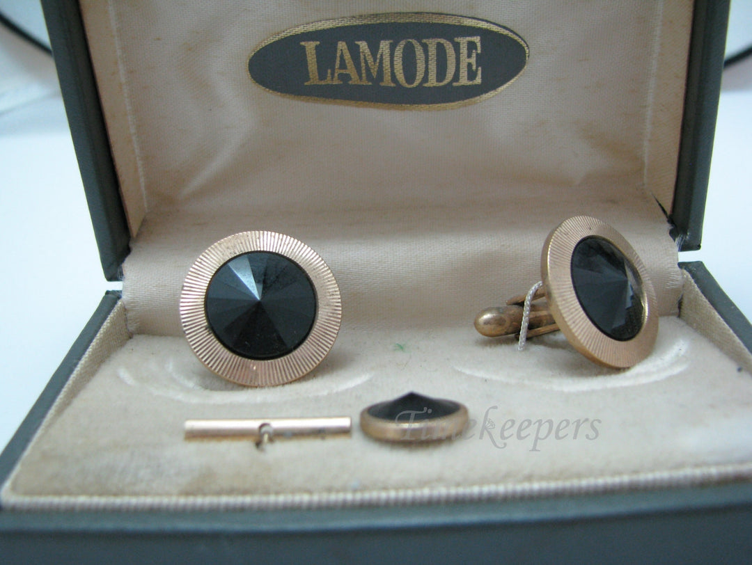 c264 Vintage Gold Tone with Faceted Peaked Black Stones, Tie Tack and Cuff Link Set