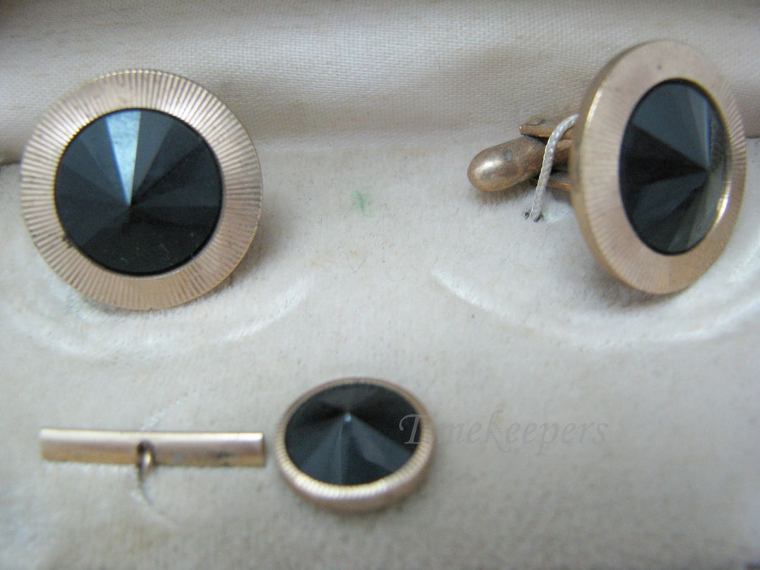 c264 Vintage Gold Tone with Faceted Peaked Black Stones, Tie Tack and Cuff Link Set