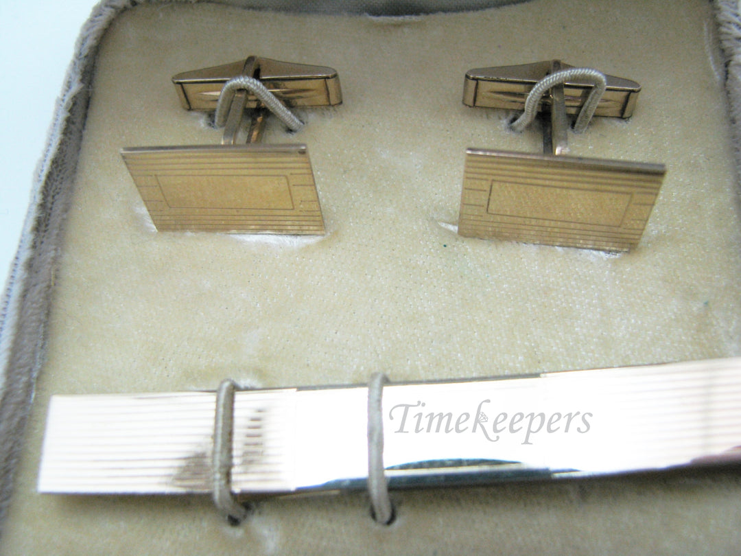 c215 Vintage 12k Gold Filled, Etched Stripes, Tie Bar and Cuff Link Set In box