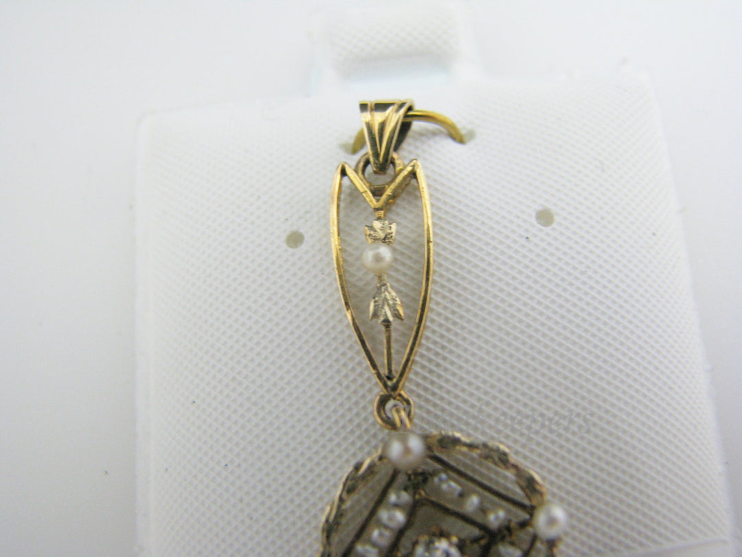 a826 Beautiful Vintage Pearl and Diamond Pendant in 10k Yellow gold
