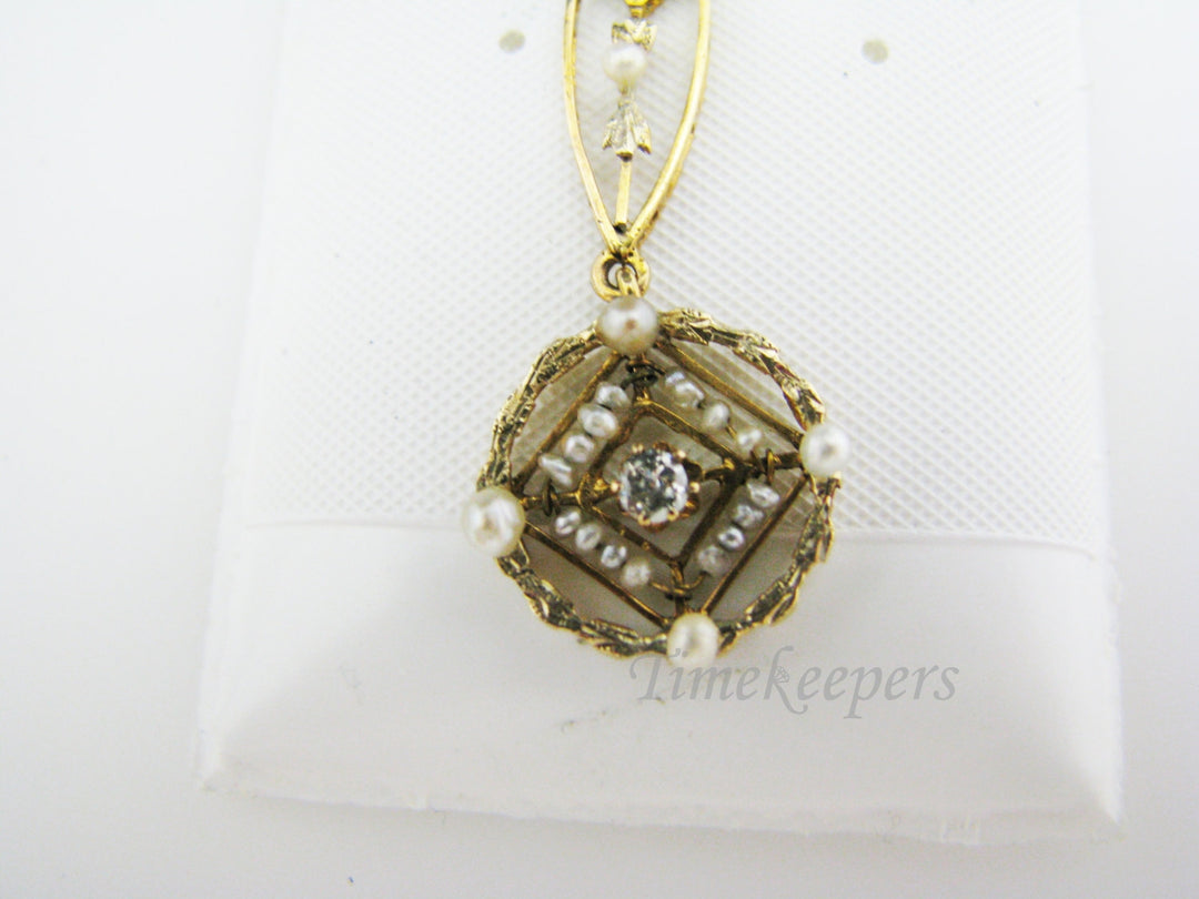 a826 Beautiful Vintage Pearl and Diamond Pendant in 10k Yellow gold