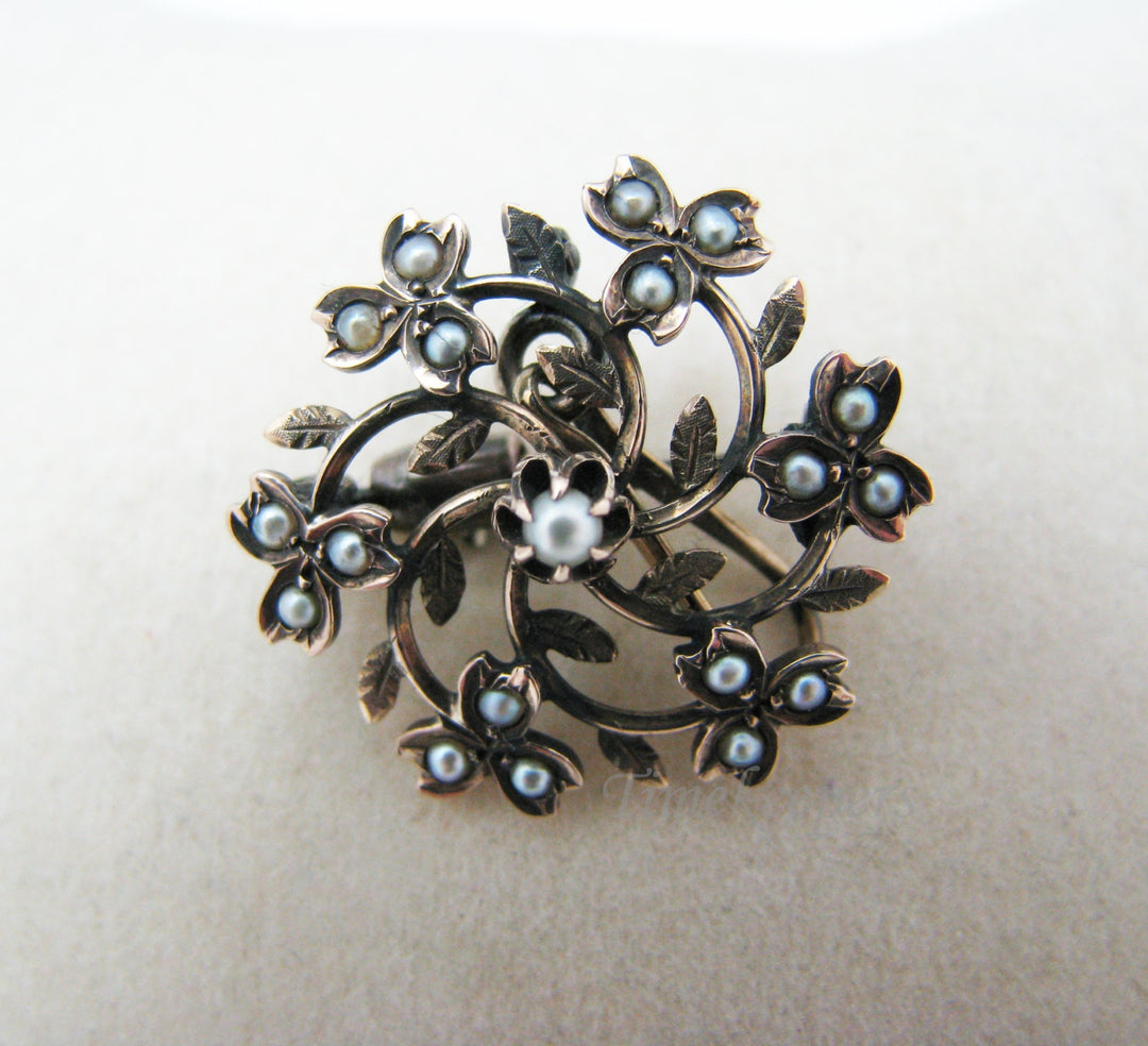 a638 Beautiful 10k Yellow Gold Flower Filigree Brooch Pendant Pin Seed Pearls