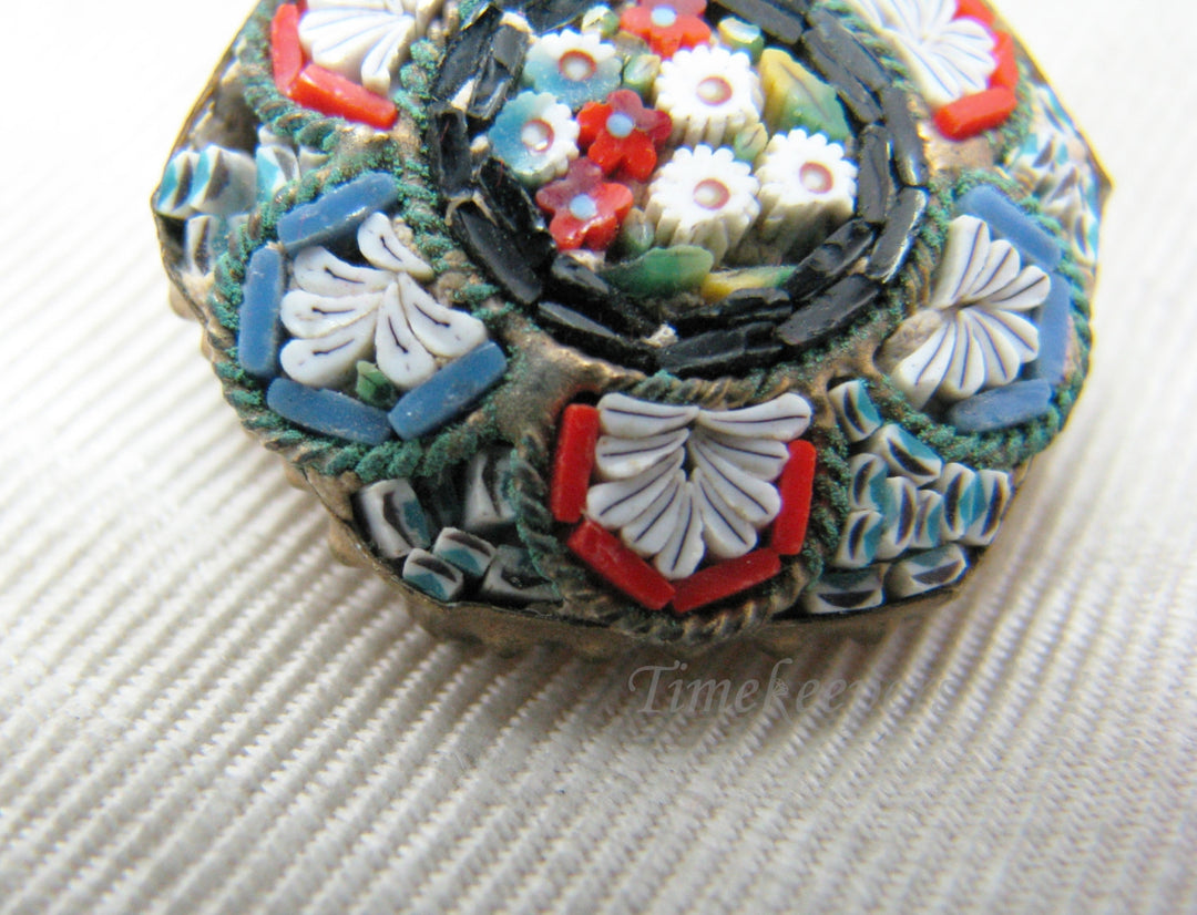 a1060 Lovely Vintage Micro Mosaic Octagon Brooch in Blues and Reds