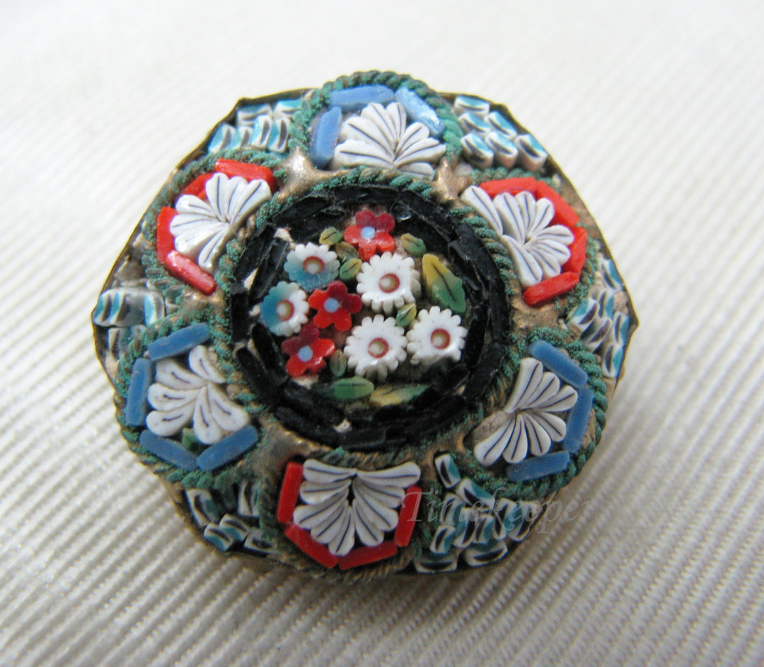 a1060 Lovely Vintage Micro Mosaic Octagon Brooch in Blues and Reds