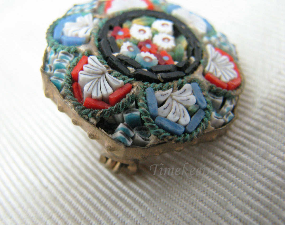 a1060 Lovely Vintage Micro Mosaic Octagon Brooch in Blues and Reds