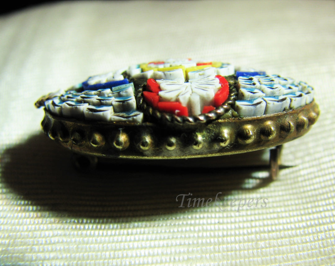 a1055 Vintage Italian Micro Mosaic Oval Brooch in Blues and Reds