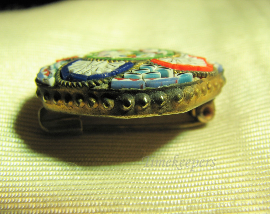 a930 Vintage Italian Round Micro Mosaic Brooch in Blues, Red & Green
