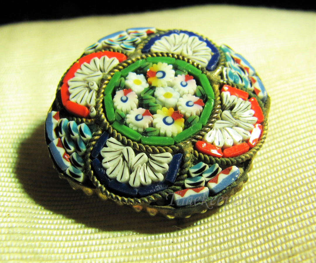 a930 Vintage Italian Round Micro Mosaic Brooch in Blues, Red & Green