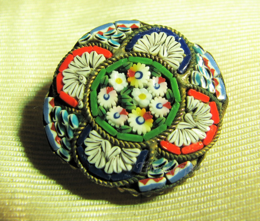 a930 Vintage Italian Round Micro Mosaic Brooch in Blues, Red & Green