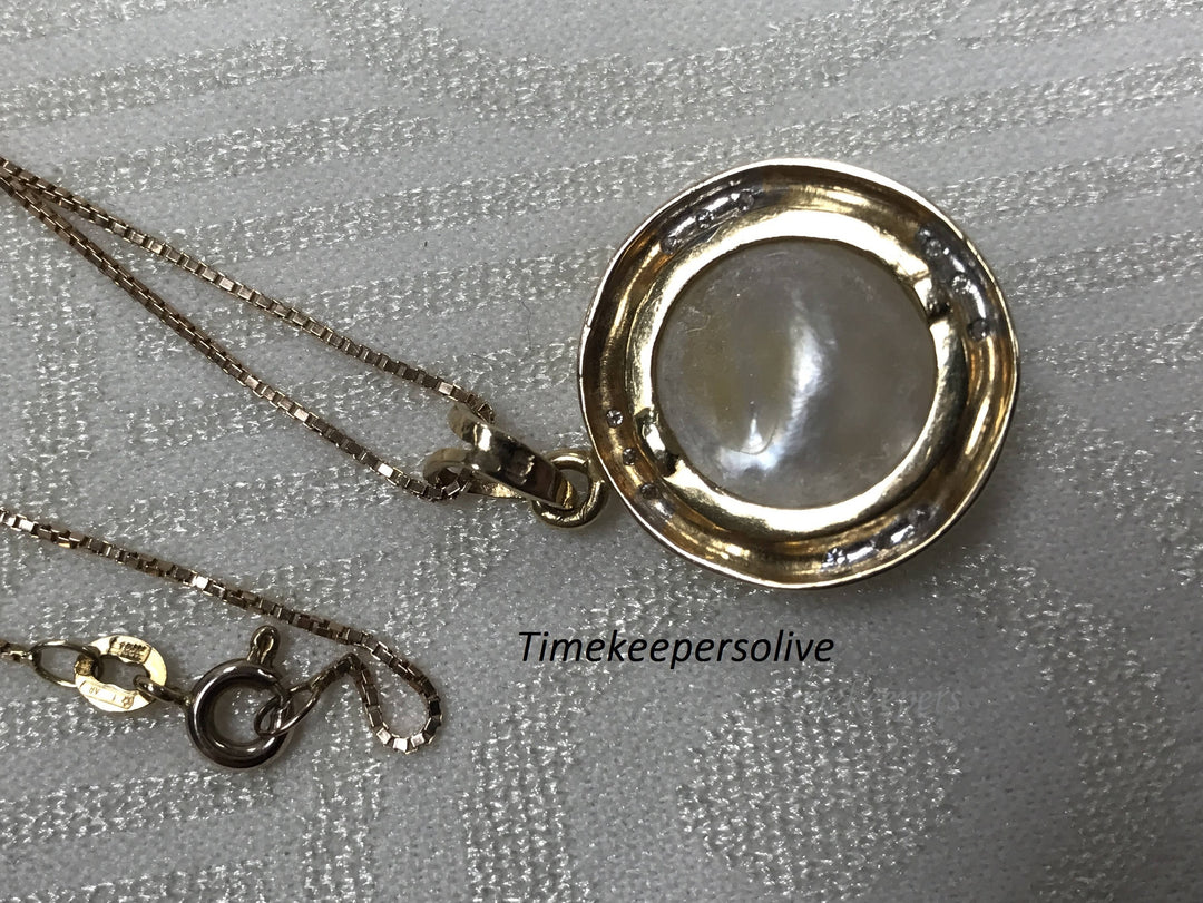 b121 Beautiful Luster Half Pearl Chain Necklace Pendant with Diamonds in 14k; 10K Gold