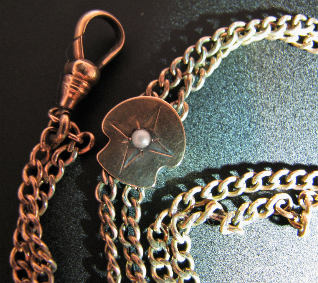c468 Vintage Gold Filled Watch Chain with 10k Gold Slide With Pearl in Center