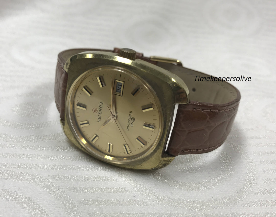 a257 Vintage Original Helbros Invincible Thick Stainless Mechanical Wrist Watch